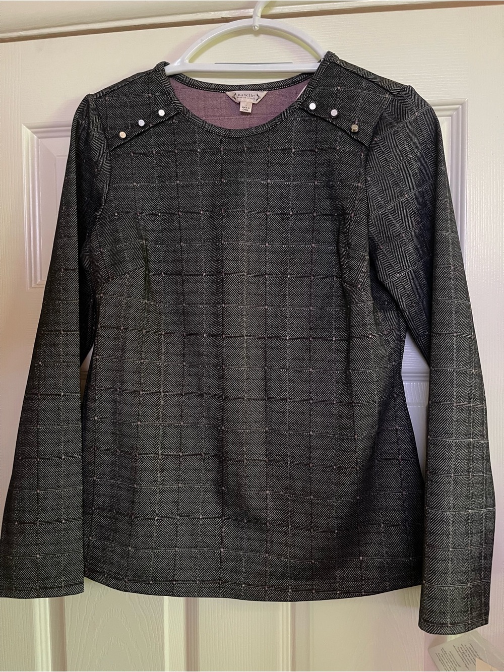 Nanette Lepore Black Gray Plaid Long-Sleeve Top with Shoulder Studs